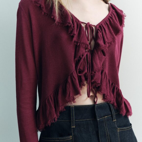 ZARA BURGUNDY KNIT CARDIGAN BLOUSE WITH RUFFLES - Picture 2 of 7